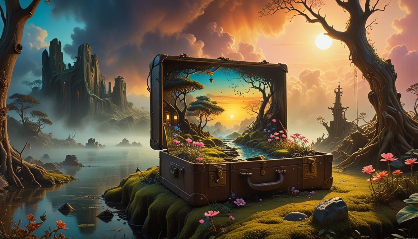 Miniature Fantasy Landscape Inside Vintage Suitcase