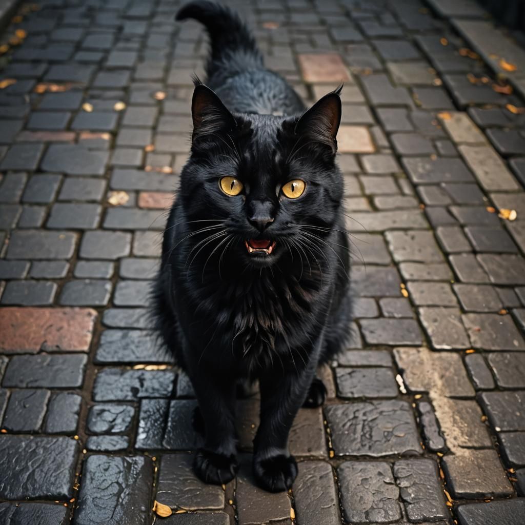 Dramatic Close-up of Hissing Black Cat