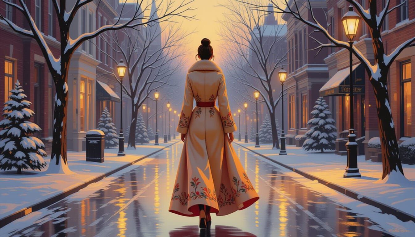 Woman in Elegant Dress on Snowy City Street at Dusk