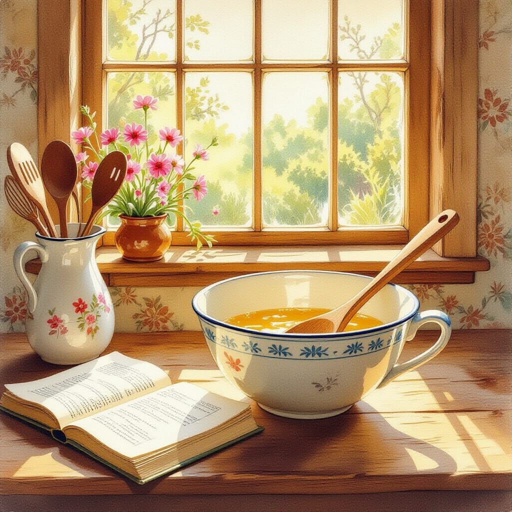 Vintage Cookbook Still Life in Watercolor Style