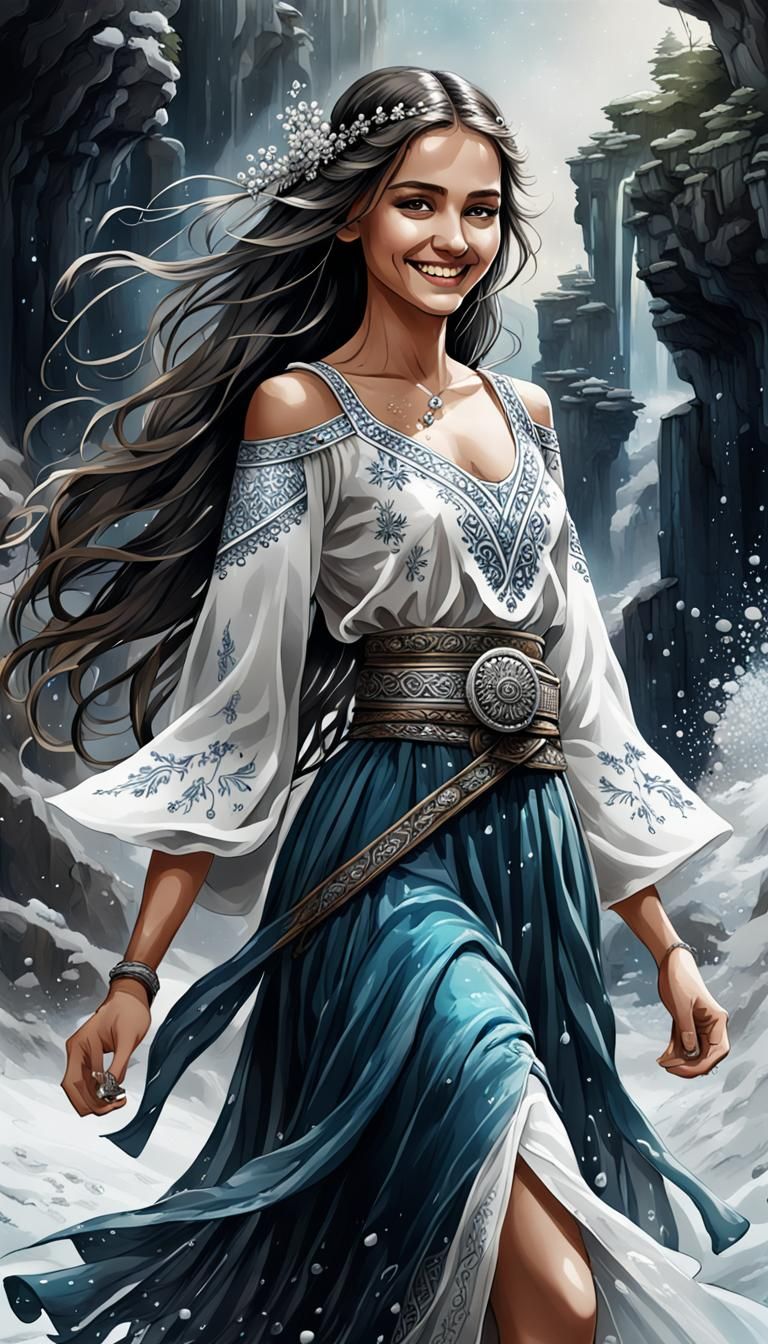 Beautiful Bulgarian Woman with Flute in Ink