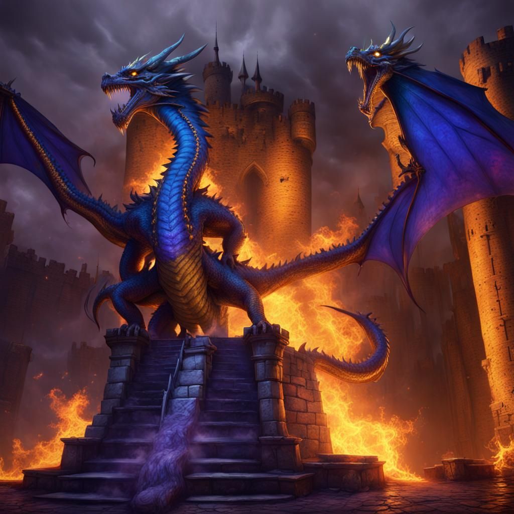 Two-Headed Blue Dragon Burns Castle: Dark Fantasy Art