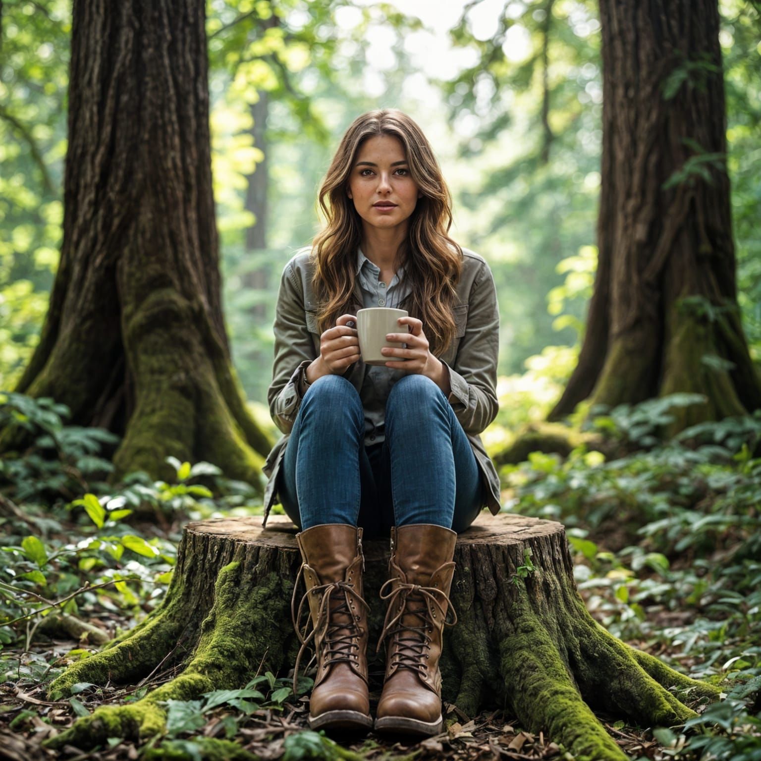 Woman in Forest with Coffee Mug, Cinematic Photo