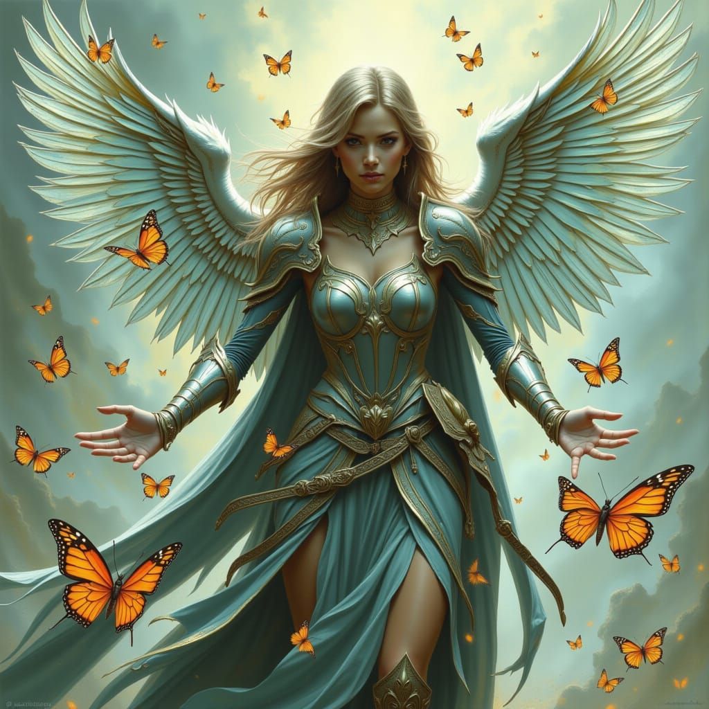 Ethereal Warrior Surrounded by Whimsical Butterflies in Irid...