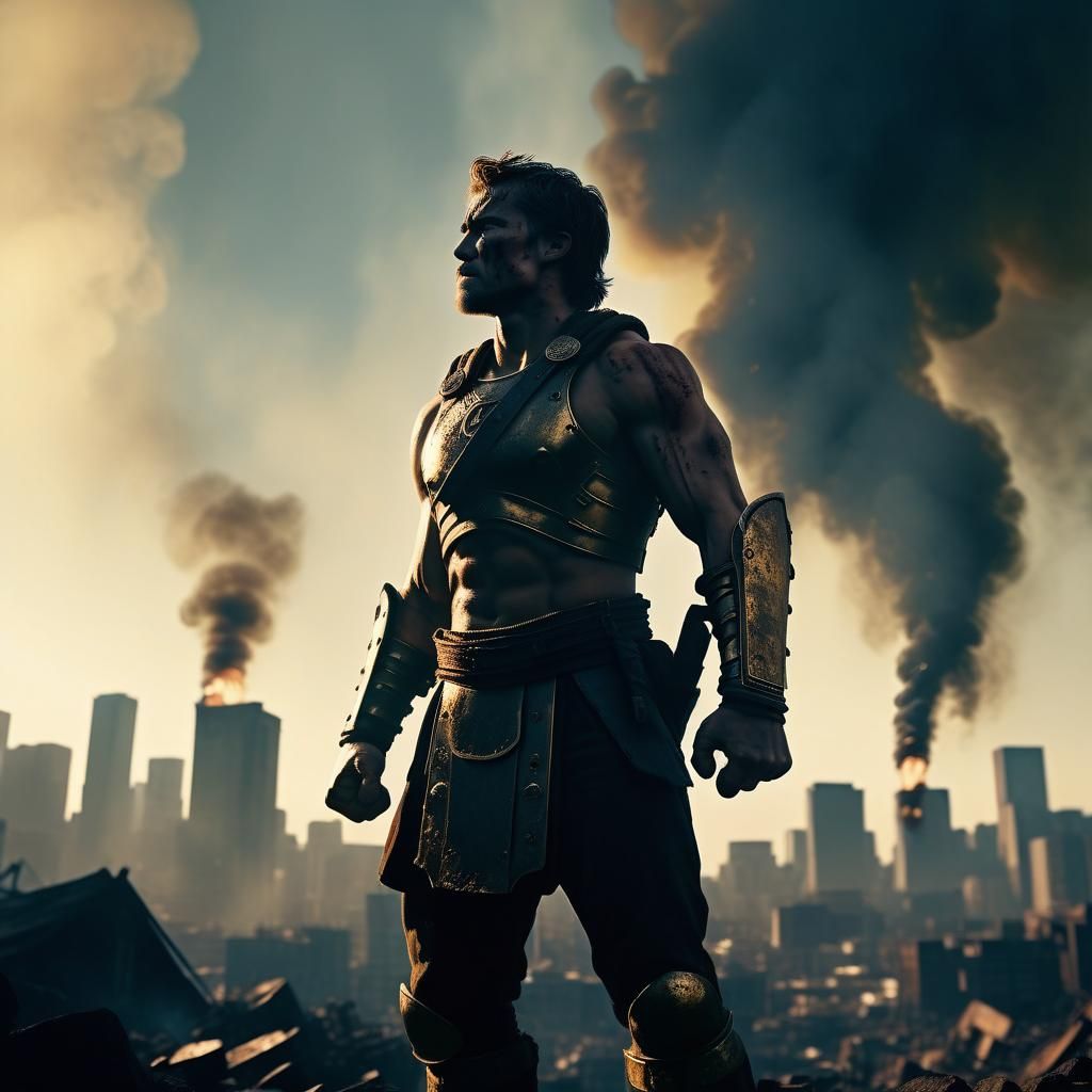 Warrior in Smoldering Cityscape: Cinematic Film Still