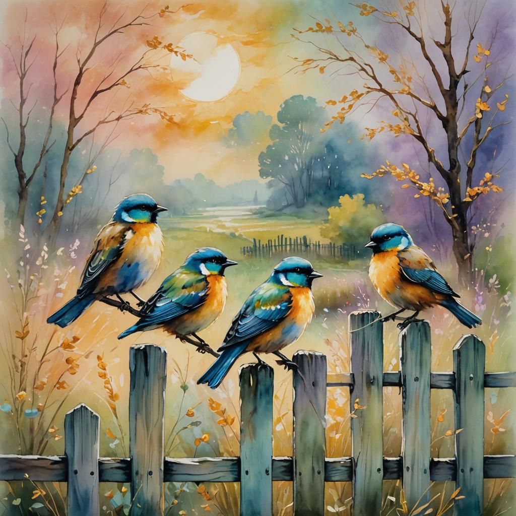 Birds on Fence Post in Neo-Impressionist Style