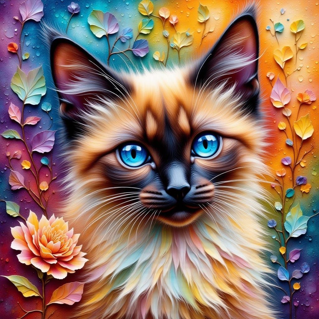 Happy Siamese Cat in Impasto Alcohol Ink Style