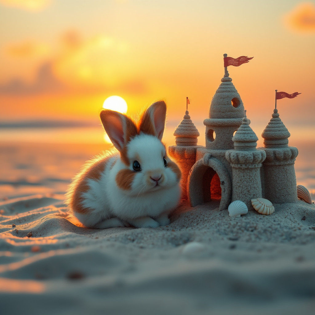 Bunny and Sandcastle at Dawn in Fantasy Art Style