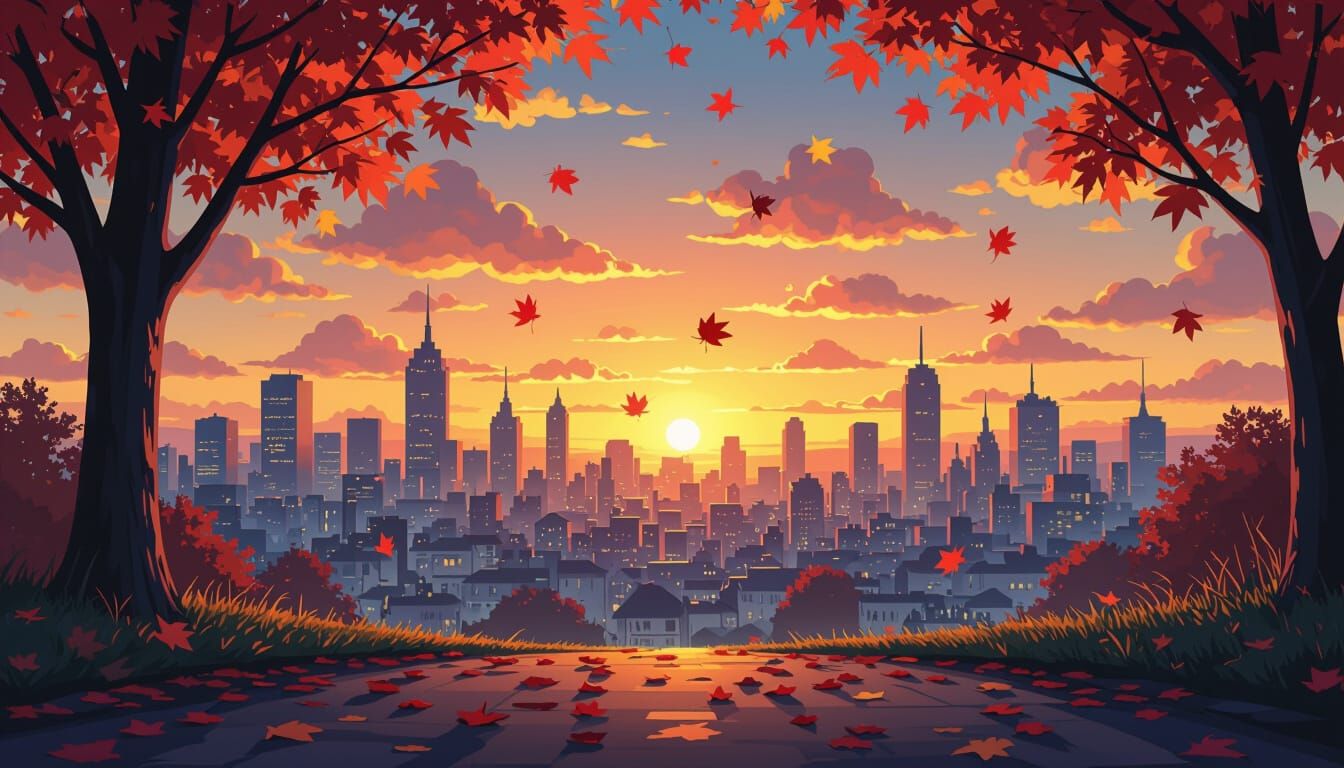 Sunset Cityscape with Falling Leaves in Dreamy Style