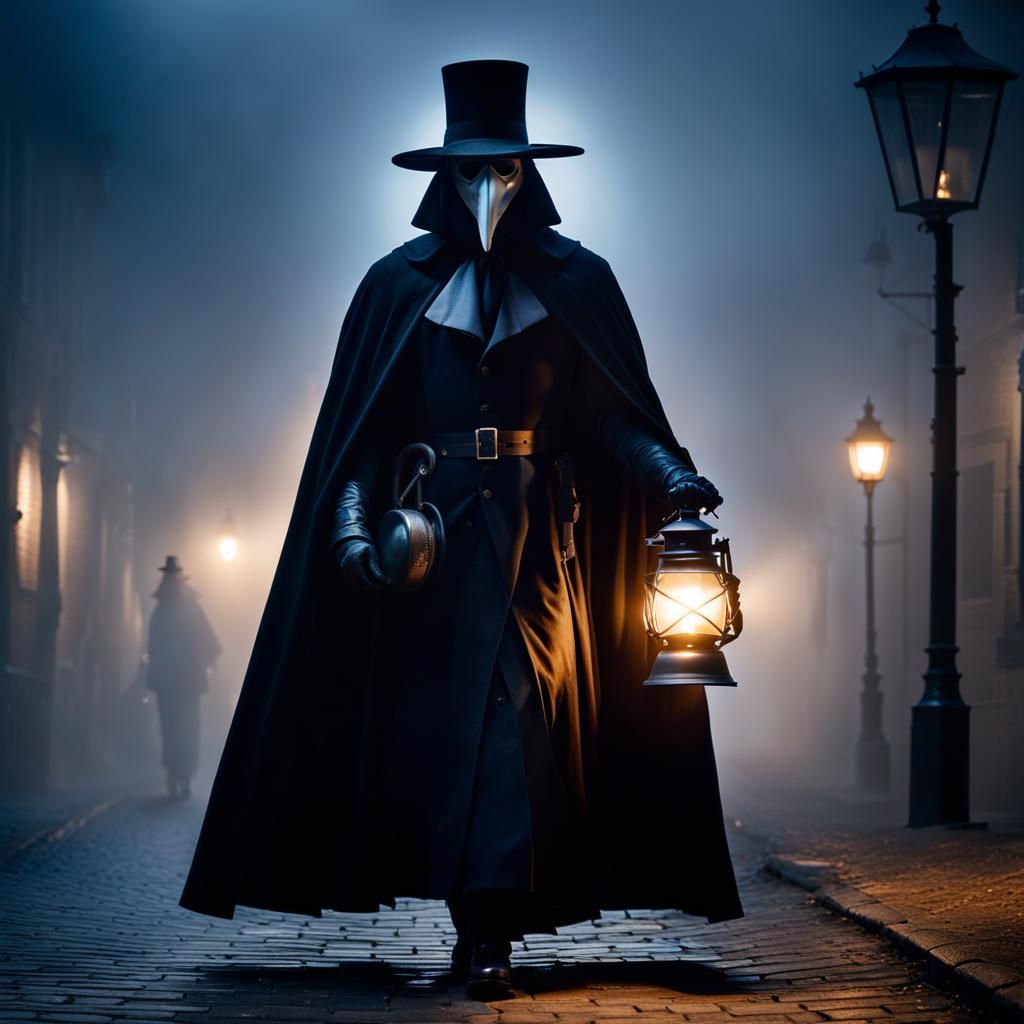 Plague Doctor Walks Through Foggy Town at Night