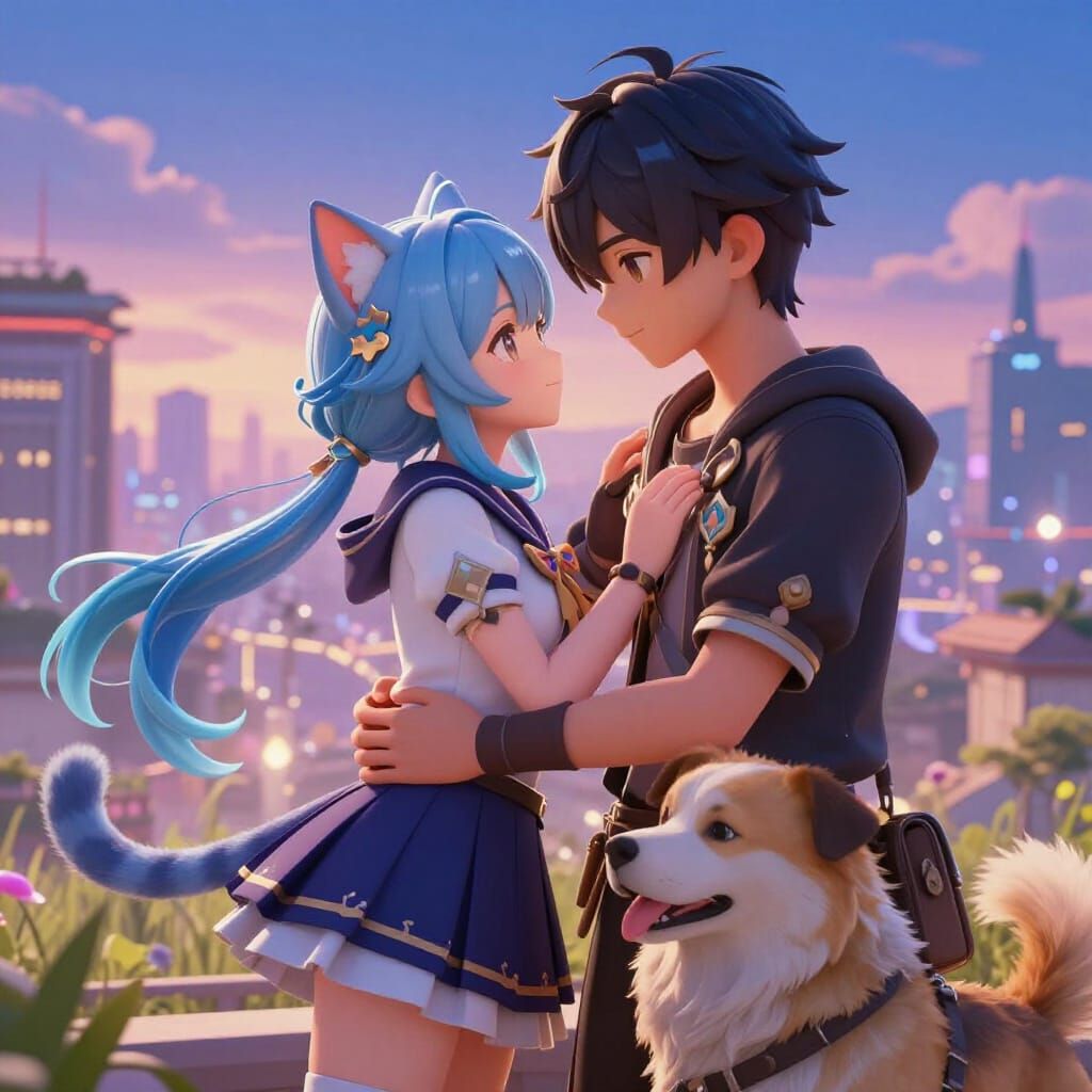 Cat Girl and Dog Boy Love in Ethereal Cityscape