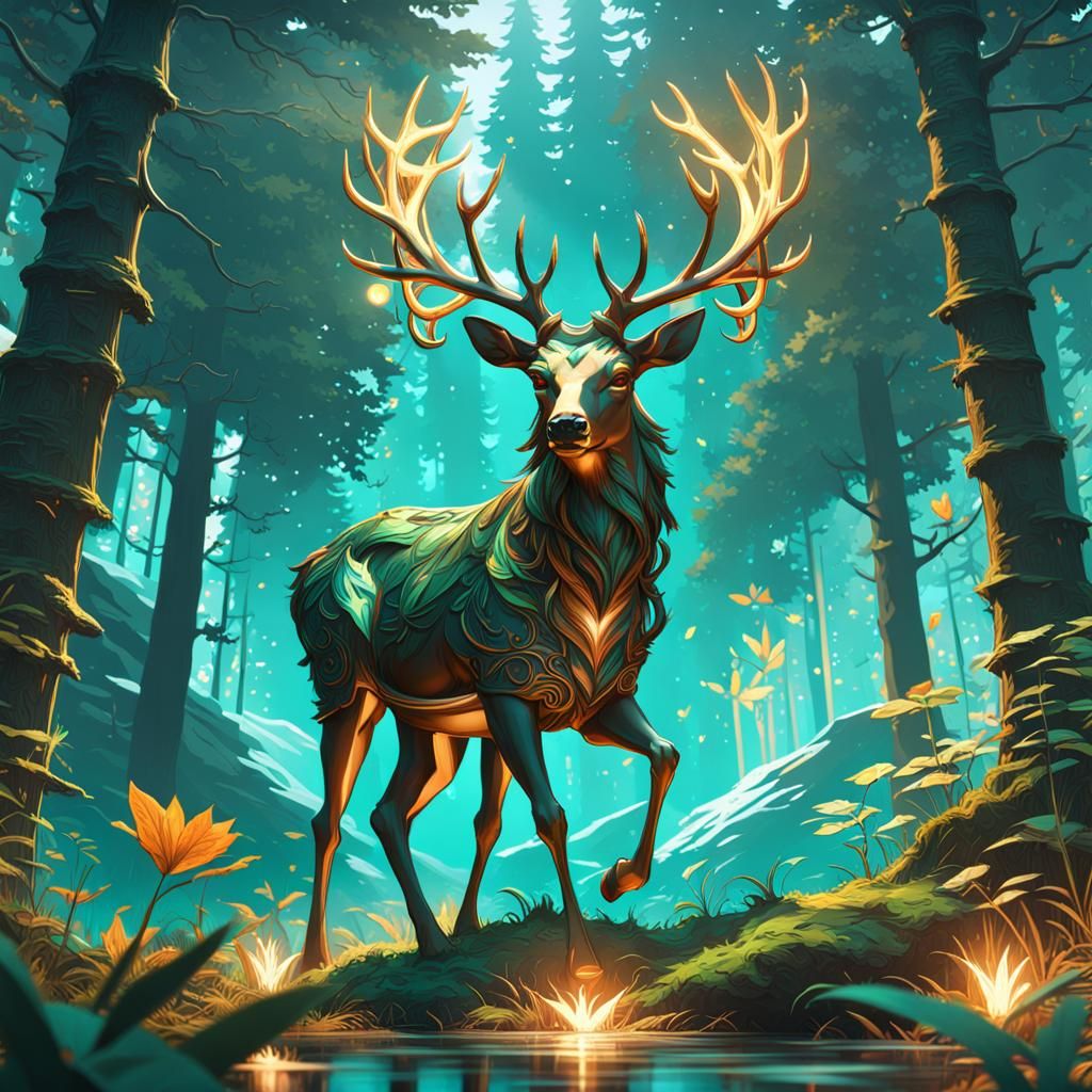 Magical Deer in Dark Green Forest with Mystic Light