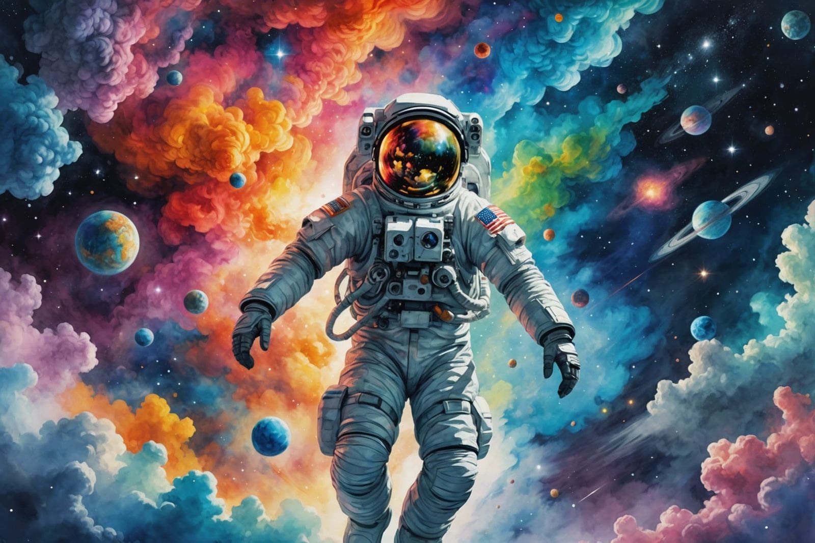 Astronaut in Sea of Stars, Watercolor Illustration