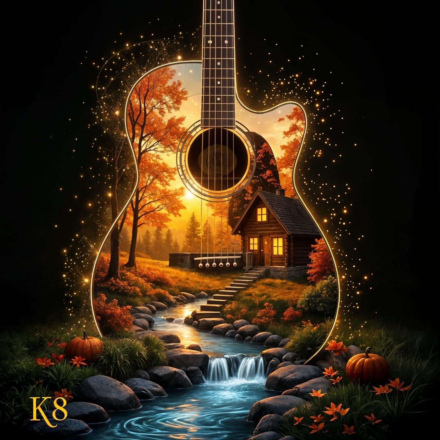 Surreal Glowing Guitar Merges With Magical Autumn Forest Lan...