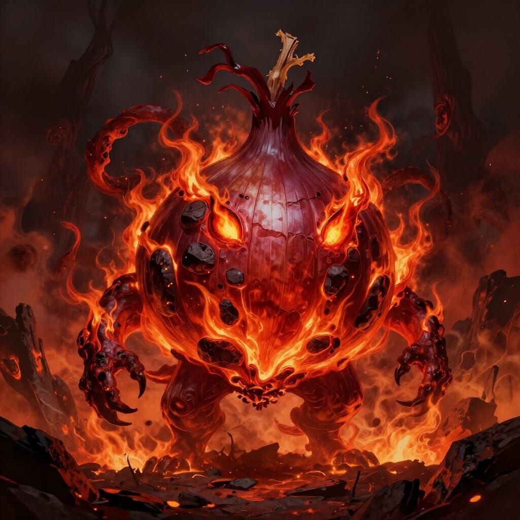 Fiery Onion Monster in Dark Fantasy Concept Art