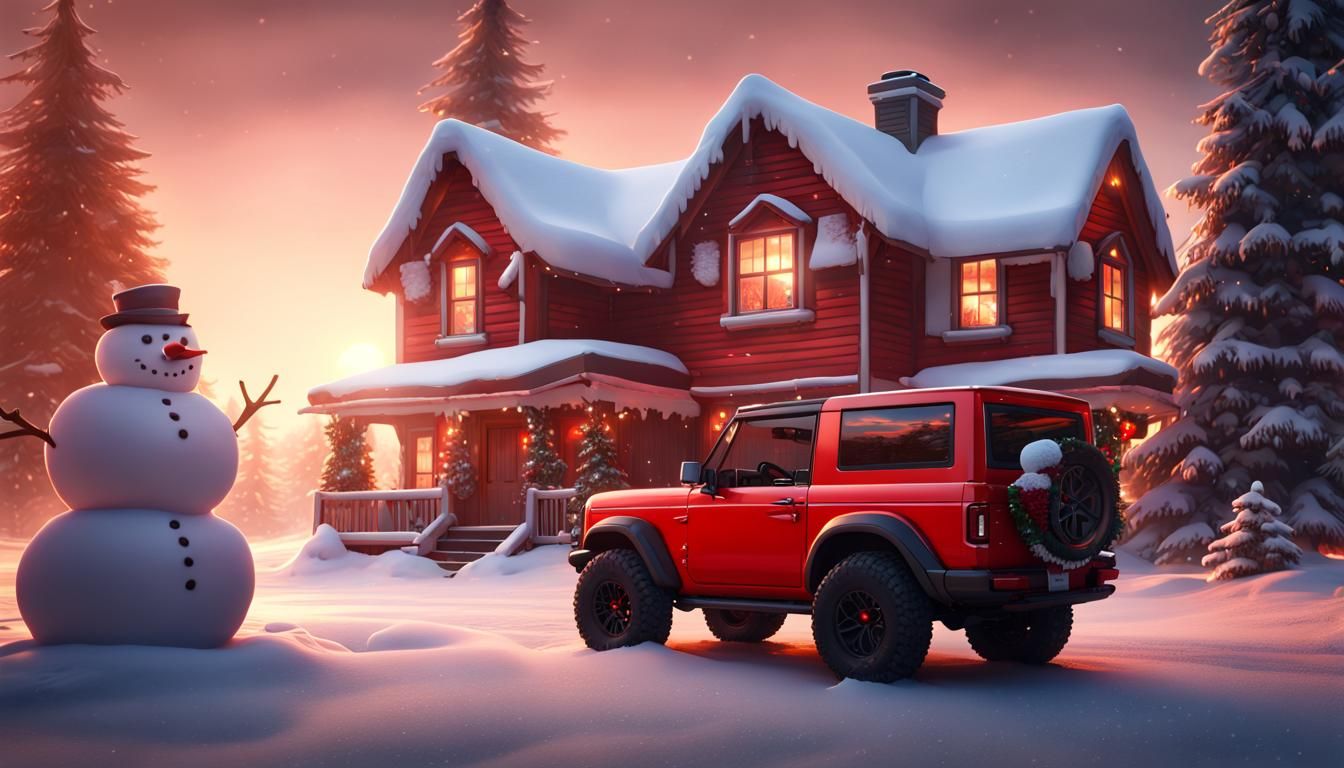 Festive Red Ford Bronco Christmas Digital Painting
