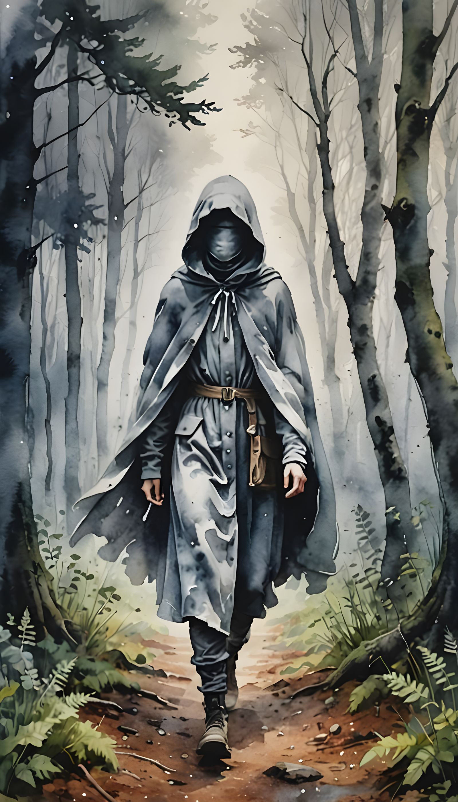 Ethereal Figure in Forest: Watercolor Painting