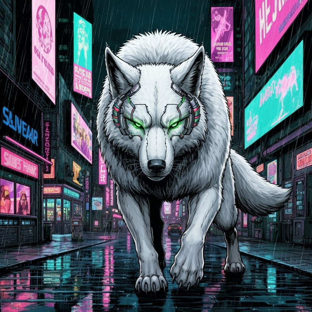 Cybernetic Wolf in Neon Cityscape Comic Style