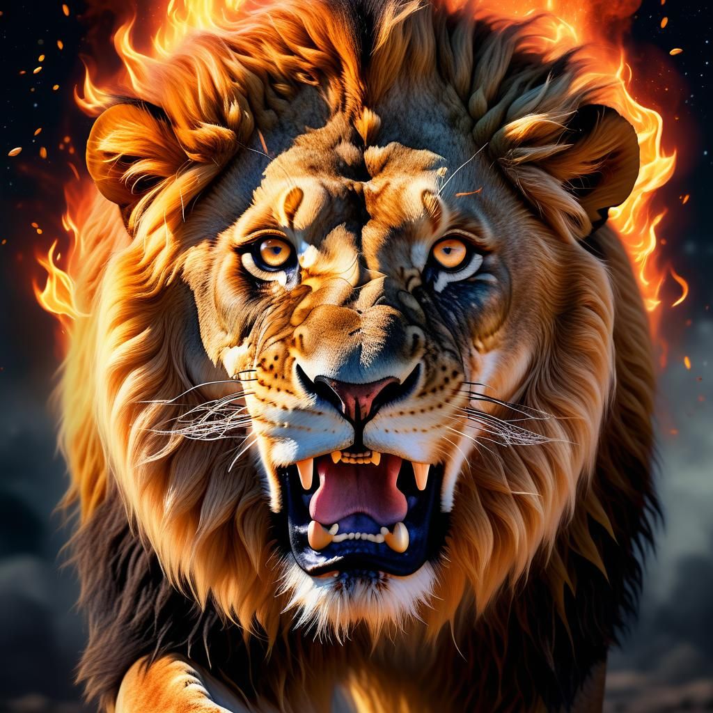 Fiery Lion Digital Artwork in Hyper-Realistic Style