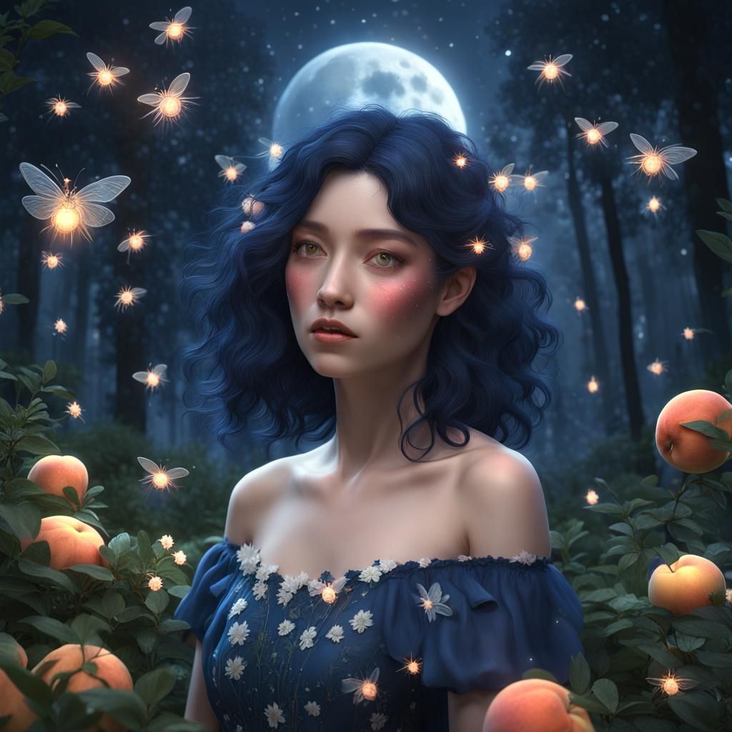 Moonlit Woman with Blue Hair in Whimsical Forest