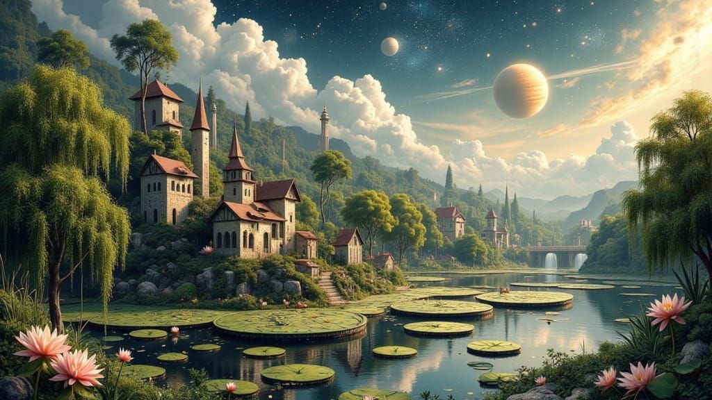 Miniature Villages on Giant Lilypads at Night