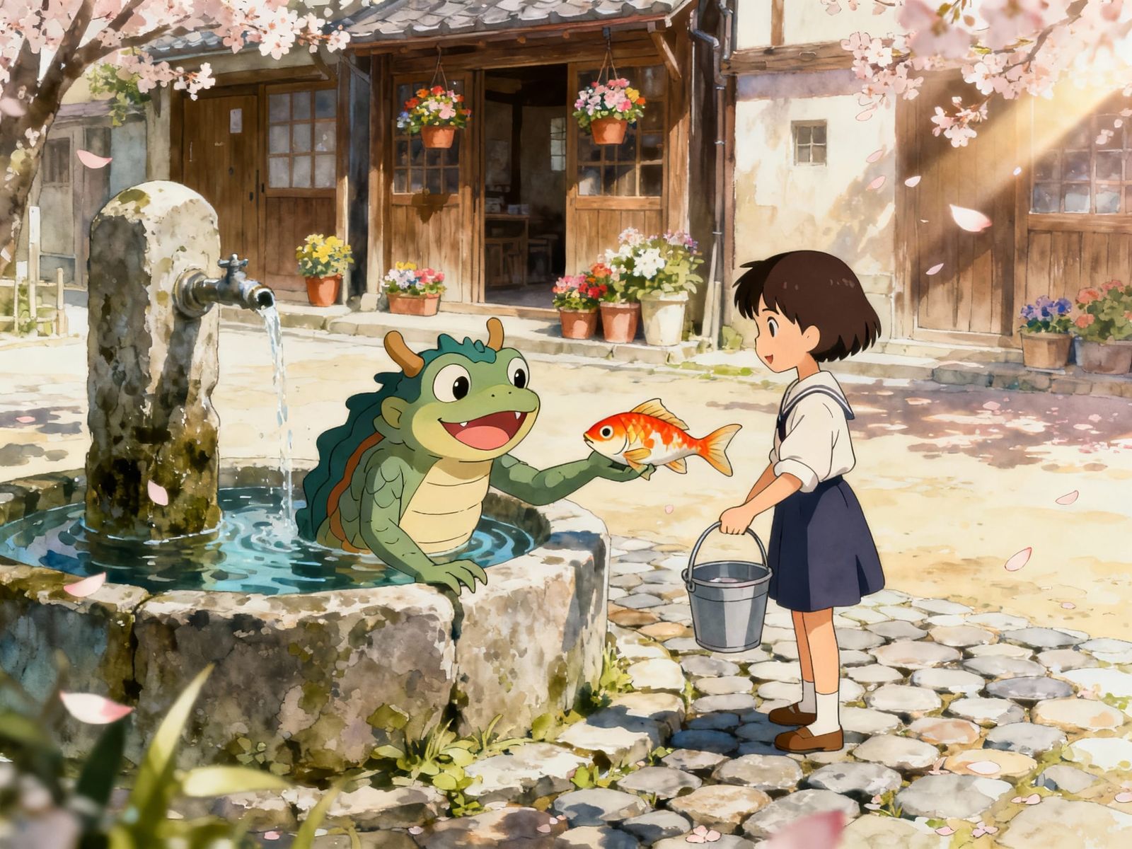 Kawaii Kappa Offers Fish in Spring Village