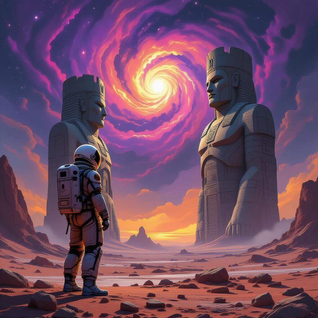 Astronaut on Alien Planet with King Statues
