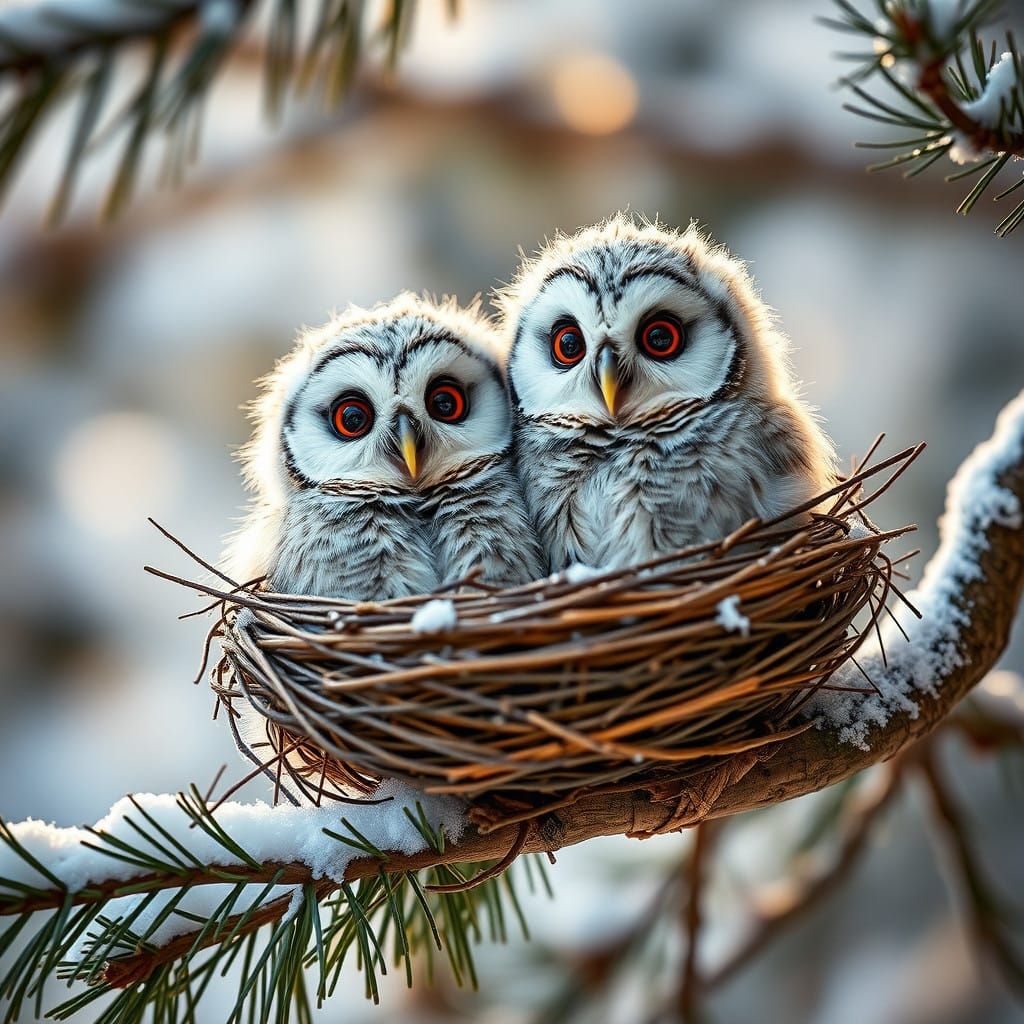 Fluffy Baby Owls Snuggle in a Snowy Pine Branch Nest