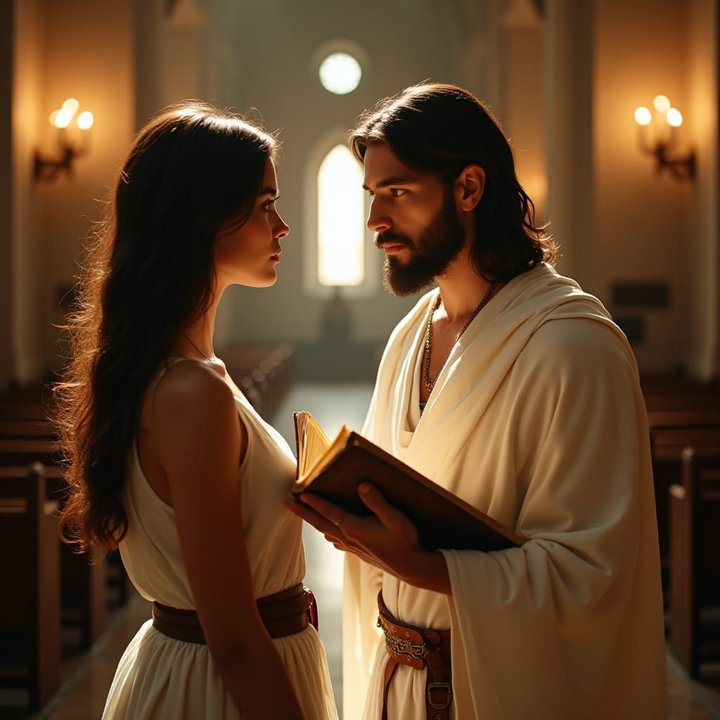 Surreal Synagogue Encounter in Warm, Golden Light