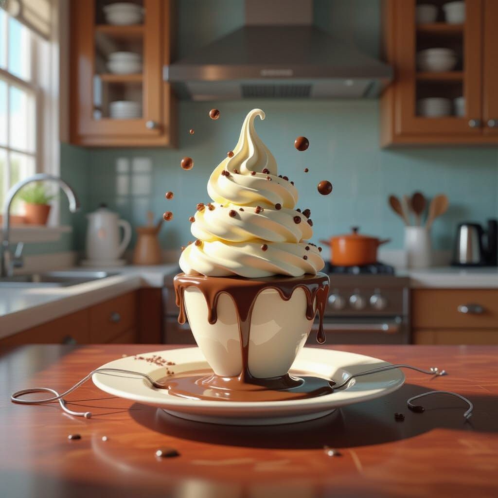 Ice cream sculpture made of milk chocolate and vanilla , melting on a plate, wires dissolving, in a kitchen, vibrant 3D ...