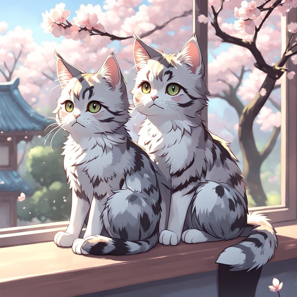 Whimsical Anime Style Tabby Kittens in Cherry Blossom Tree