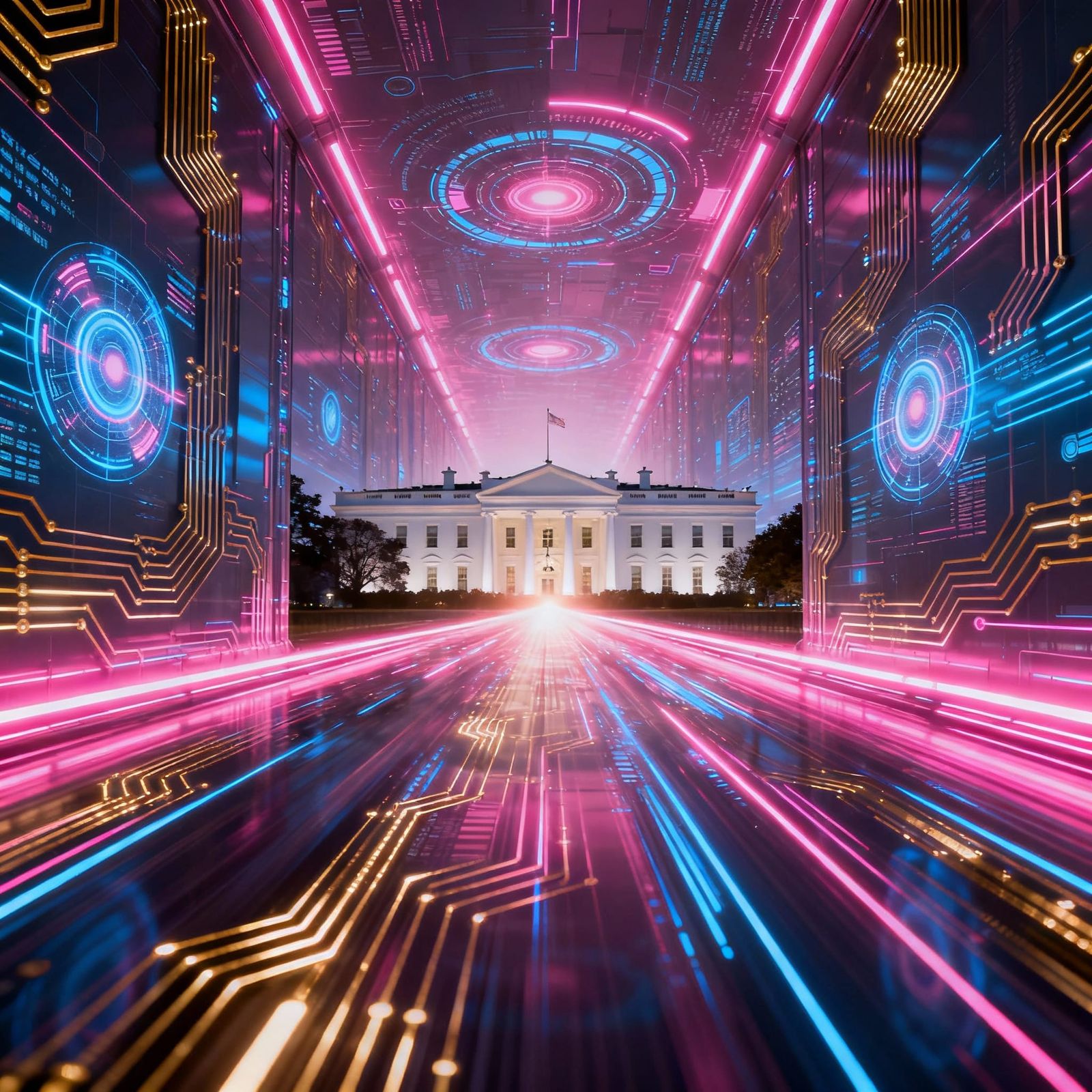 Cyberpunk White House in Neon Digital Corridor