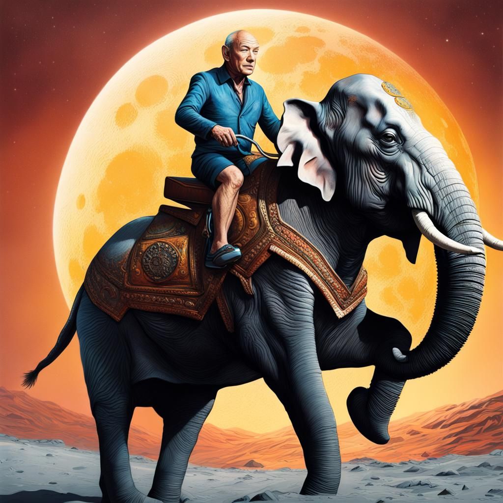 Patrick Stewart Astride Elephants on the Moon