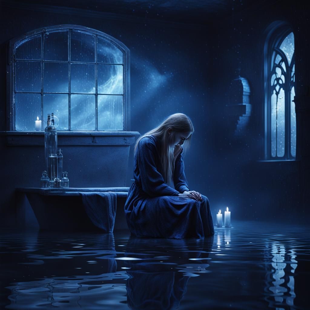 Melancholy Dark Fantasy Scene with Water Reflections