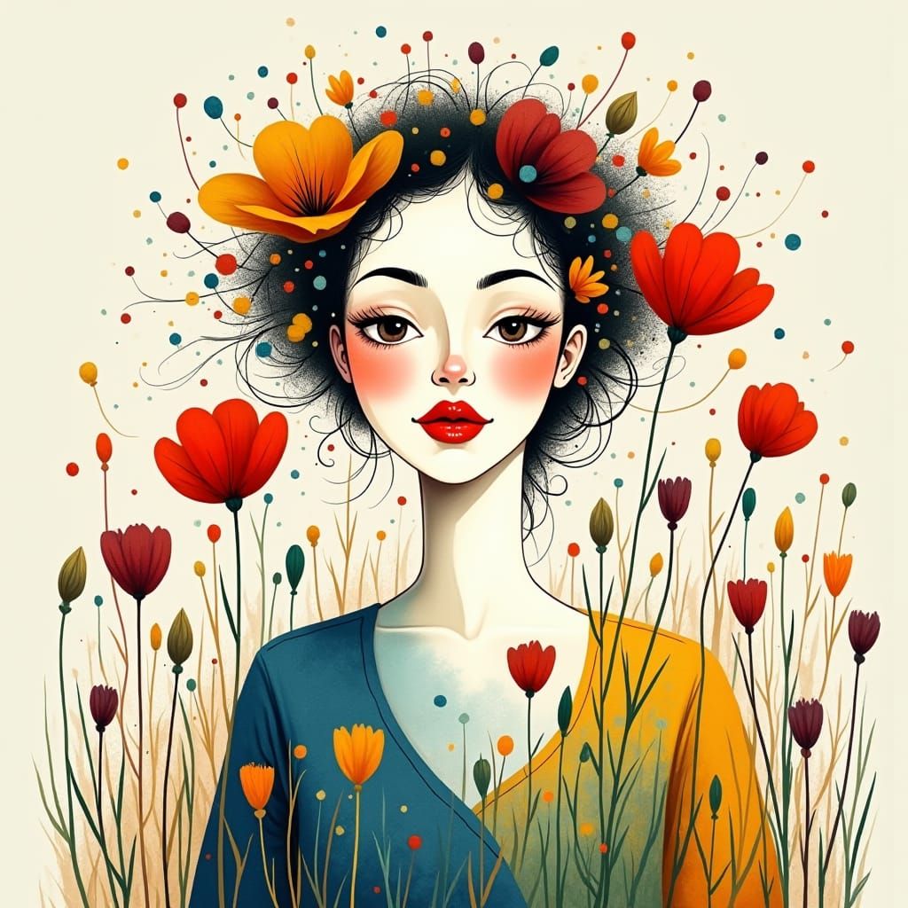 A woman direct eye contact, drawn in a delicate line art sty...