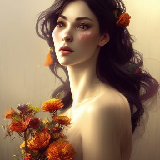 Woman with Flowers: Art Nouveau Portrait