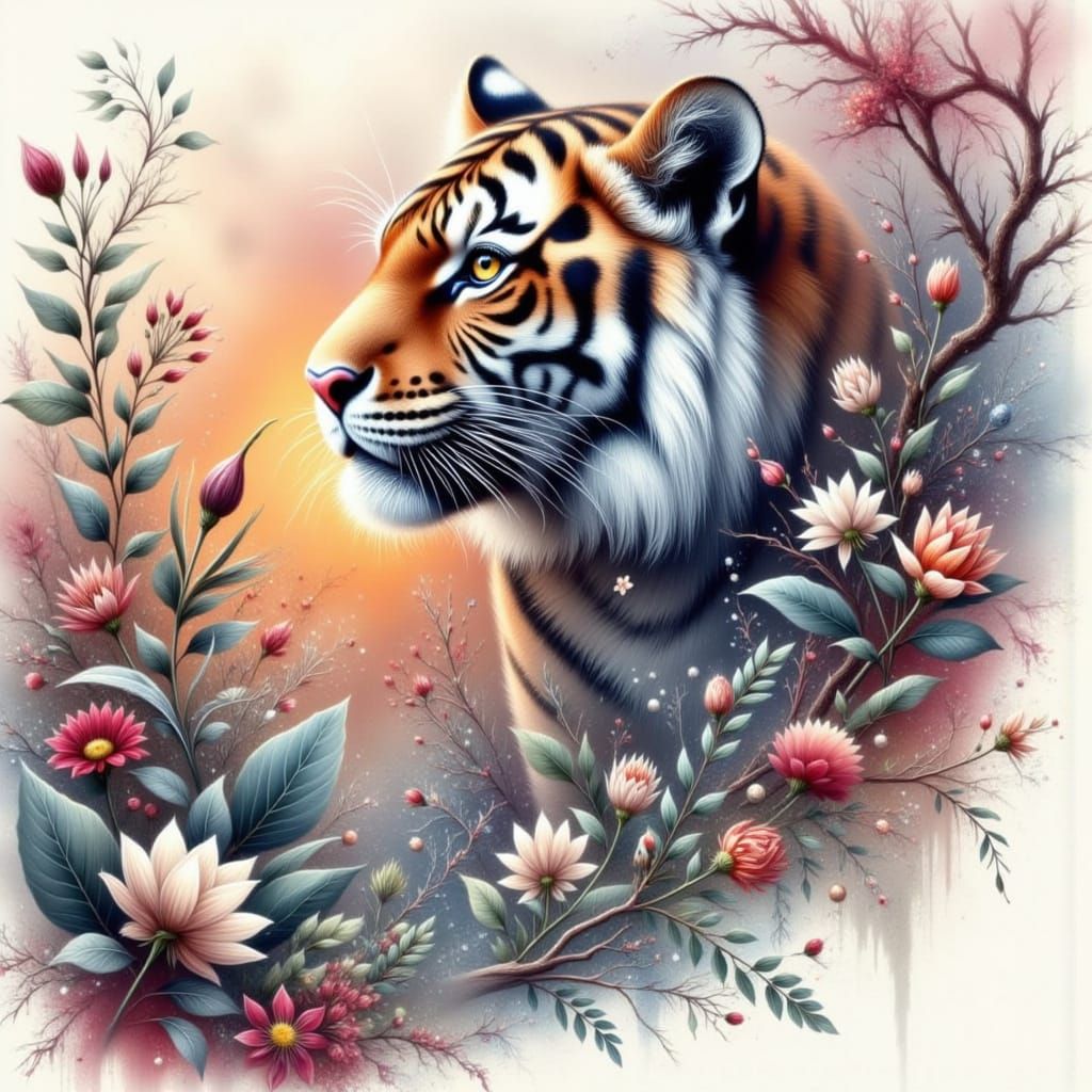 Enchanting Watercolor Tiger in Serene Jungle Oasis