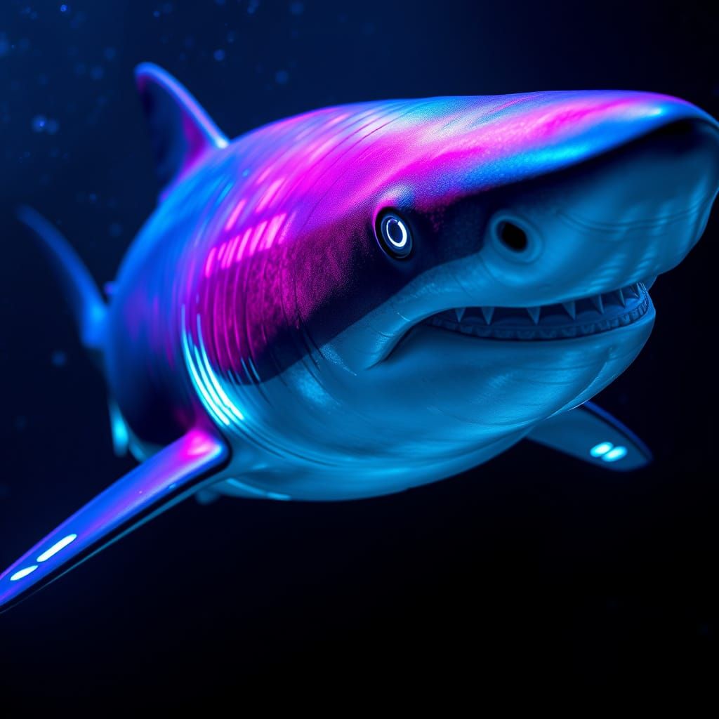 Neon Shark Swimming in Dark Ocean Depths