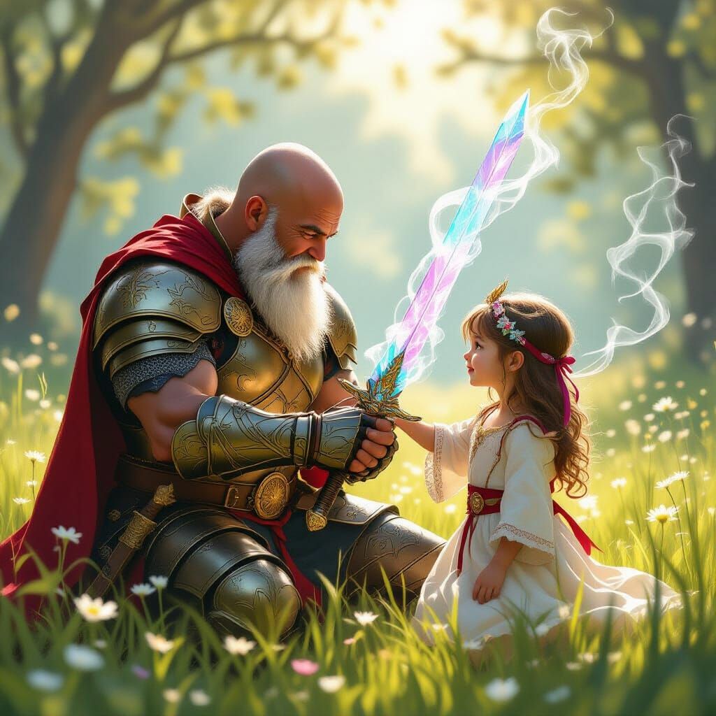 Armored Grandpa Teaches Granddaughter Sword Fighting