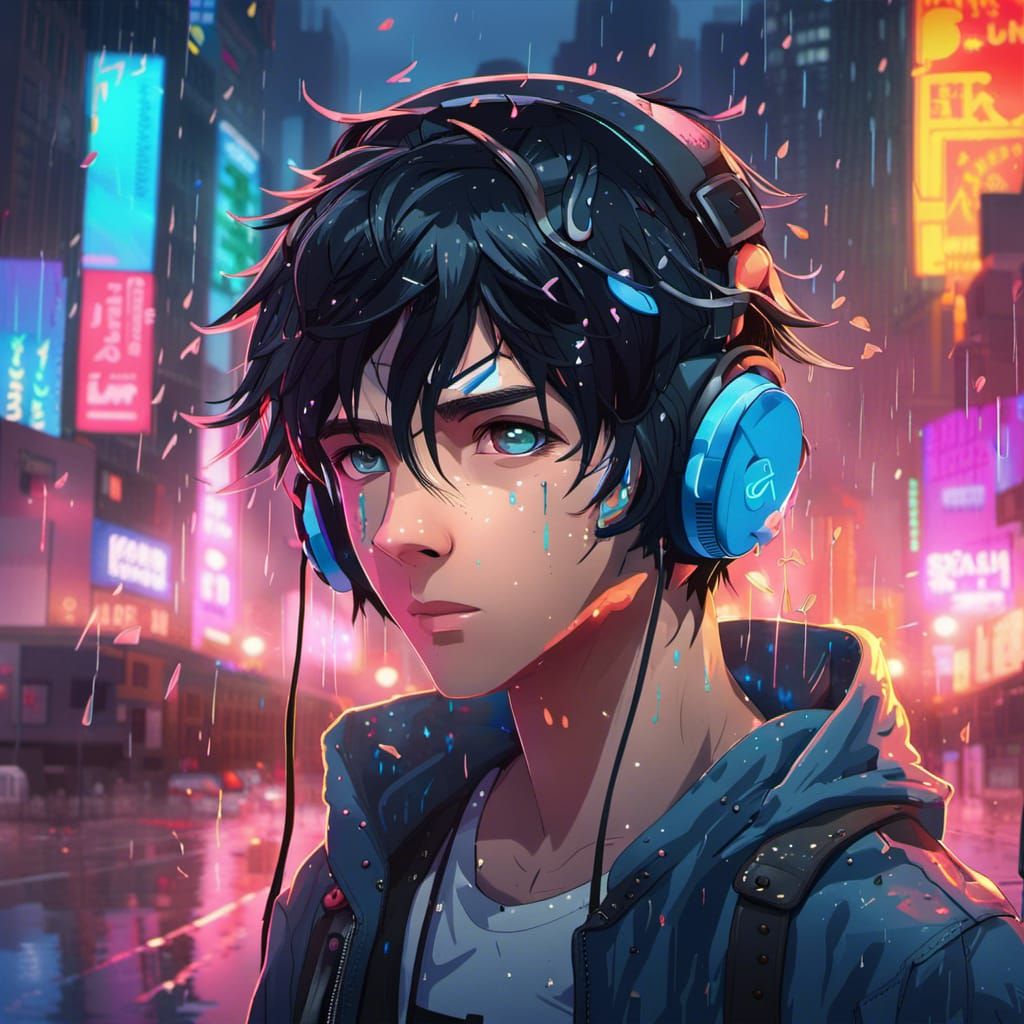 Anime boy wearing headphones, black hair, blue eyes, raining in a neon city