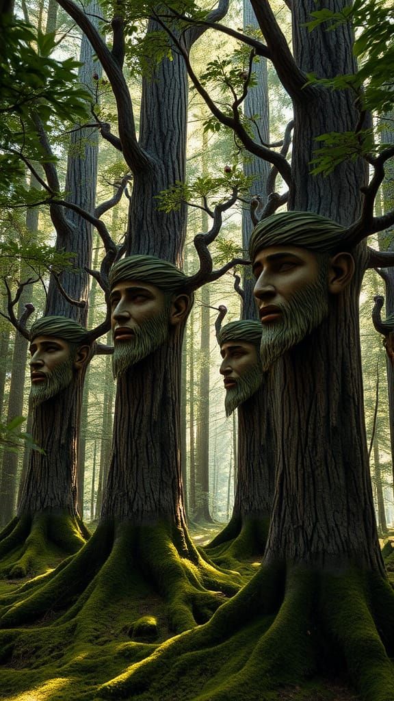 Serene Woodland Scene with Carved Wooden Heads Singing in Ha...