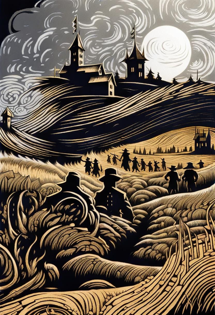 Disturbing Woodcut Print of Hostile Militia in Decaying Town