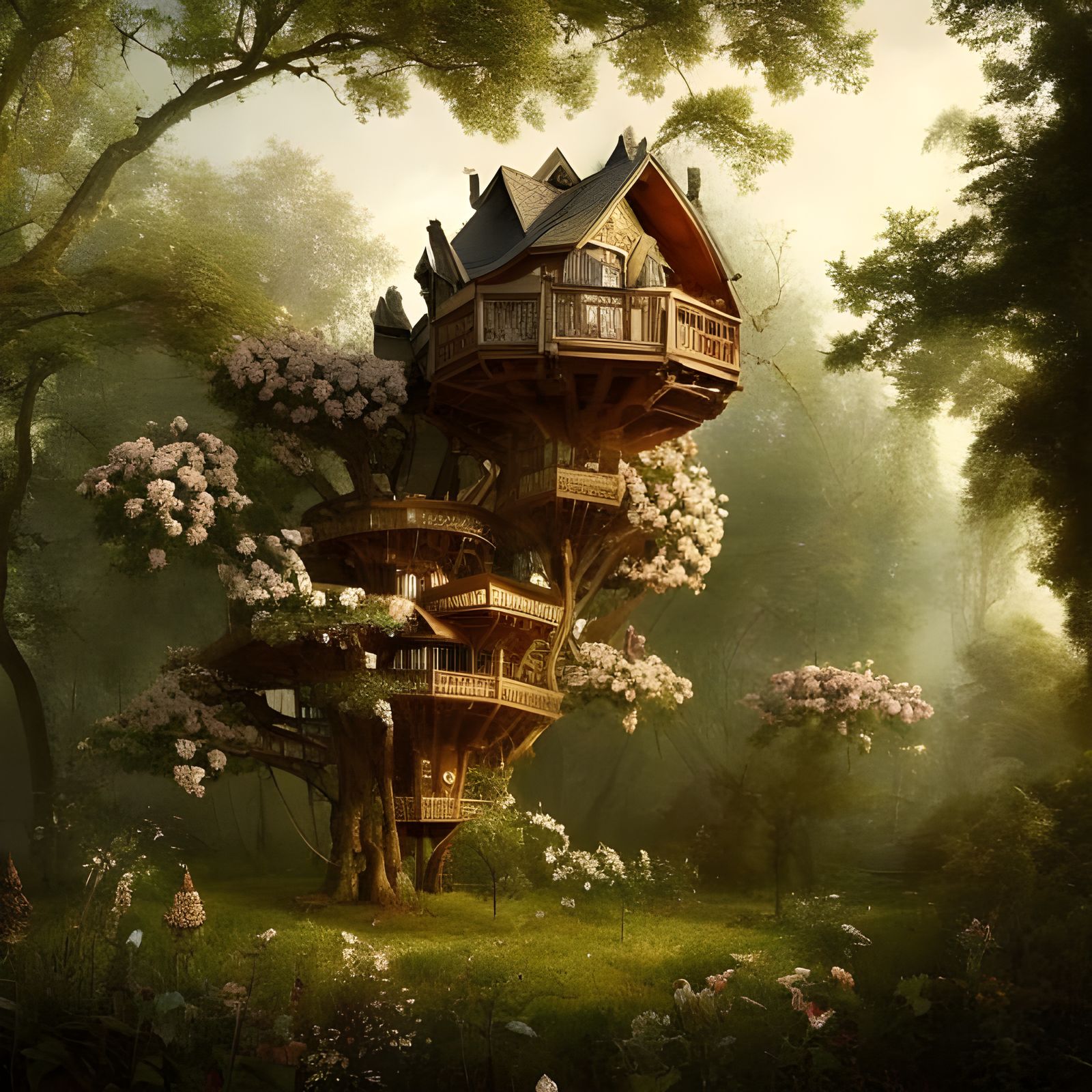 Detailed Treehouse in Russian Garden, Hyperrealistic