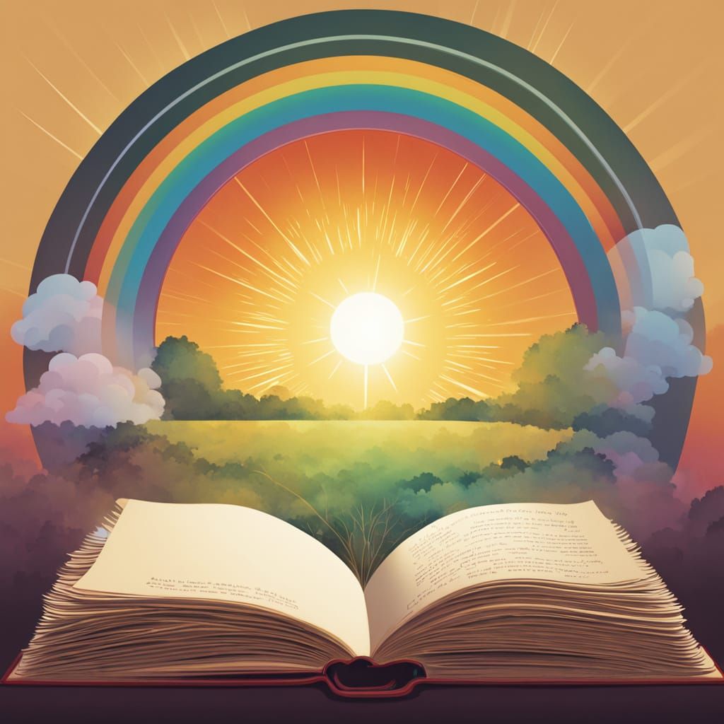 Glowing Open Book with Rainbow Symbol in Digital Art Style