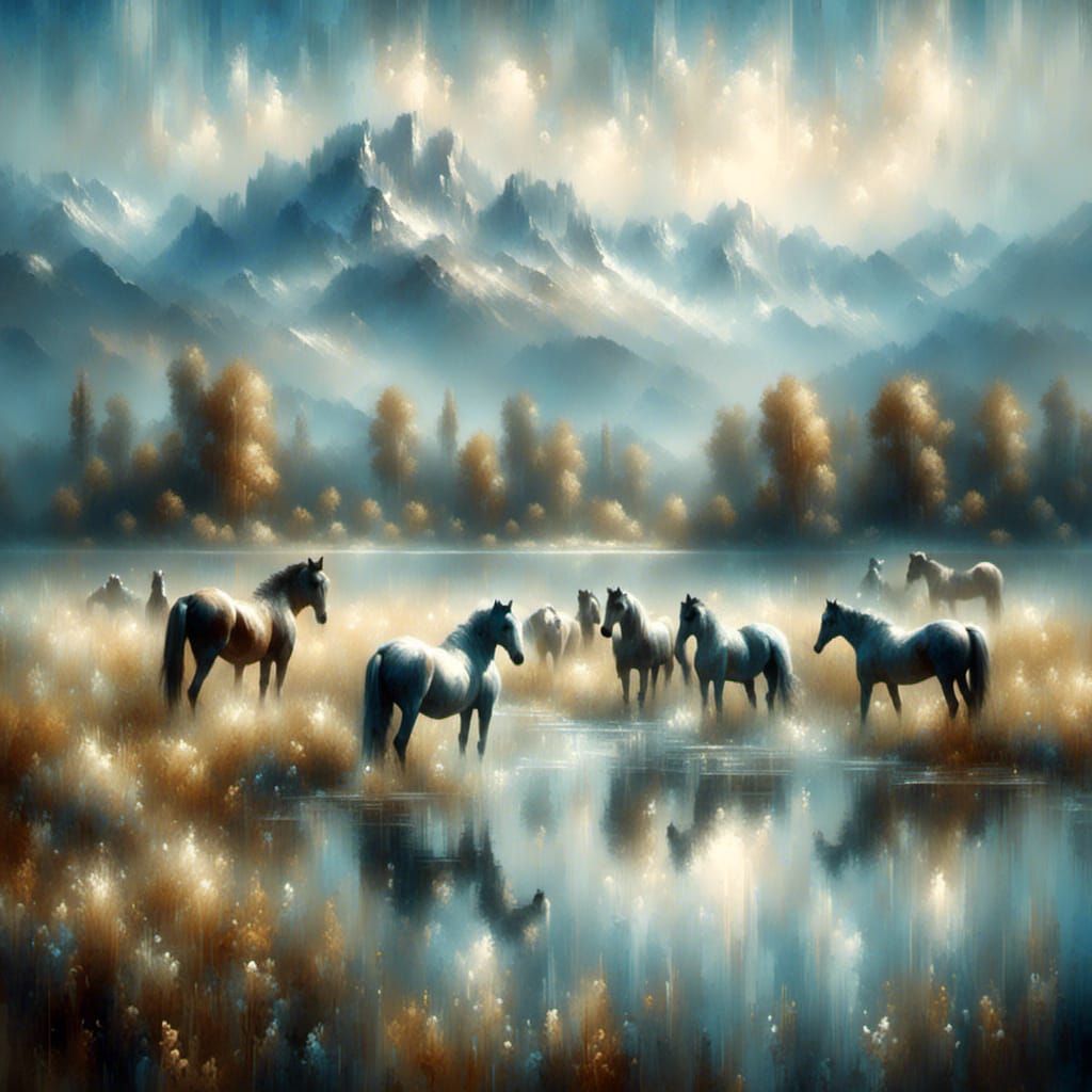 Horses Grazing in Lush Field: Greg Rutkowski Style