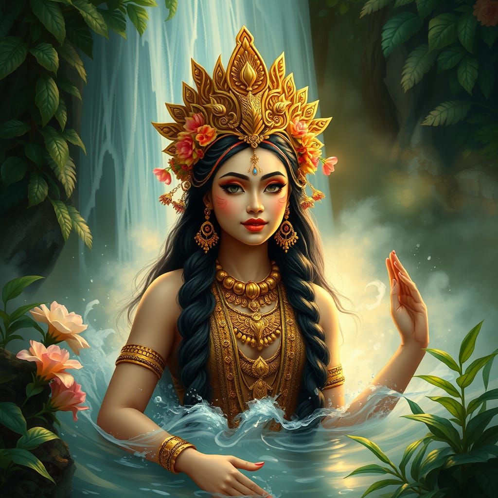 Indonesian Goddess Emerging From Waterfall: Art Nouveau Styl...
