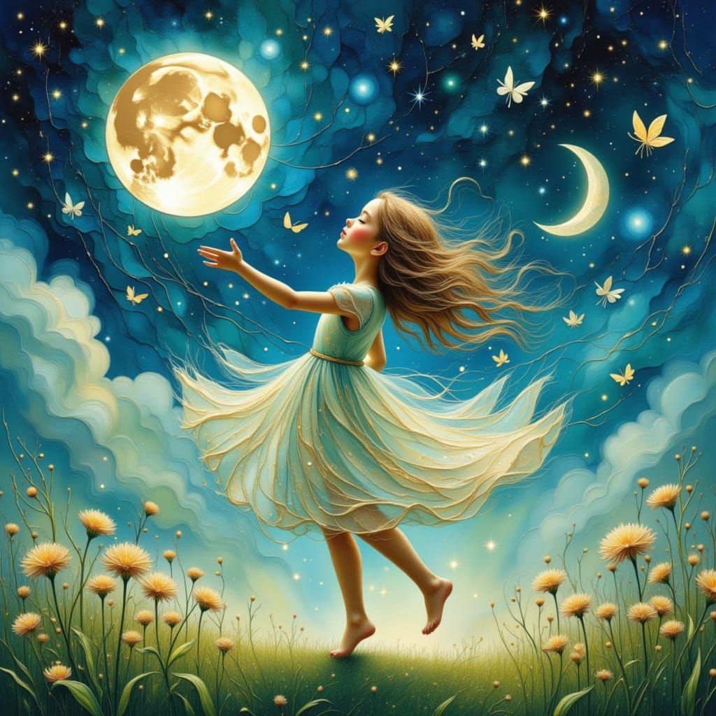 Moonlit Child's Whimsical Dance in Anime Style