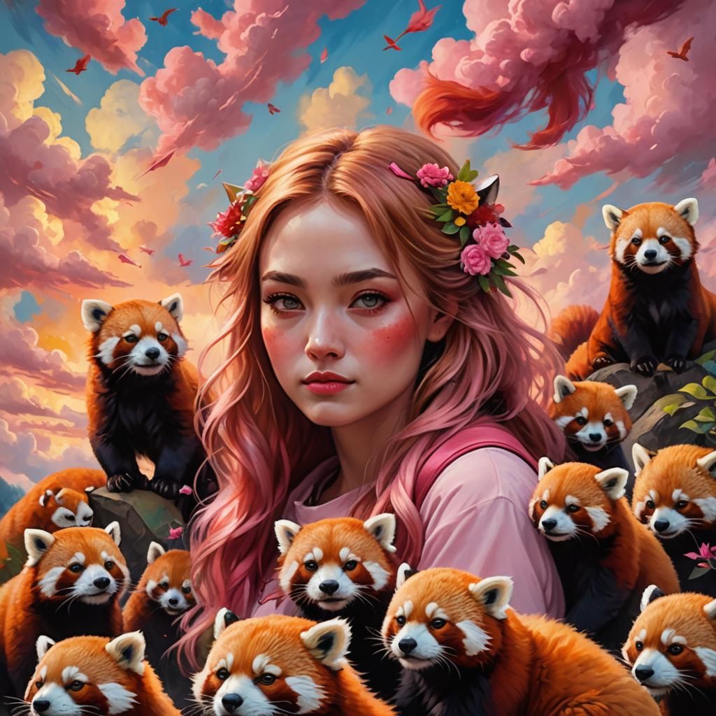 Girl with Red Pandas in Dreamy Oil Painting