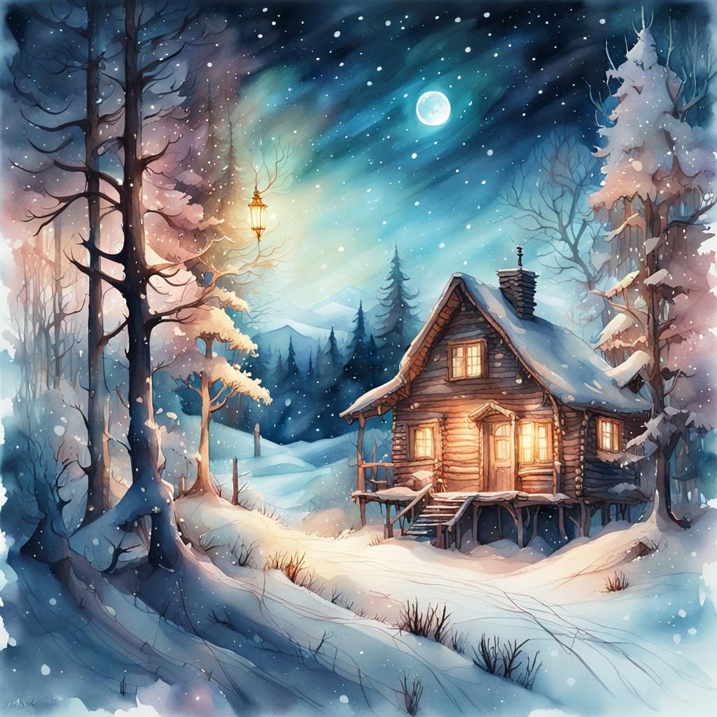 Cozy Cabin on a Snowy Night