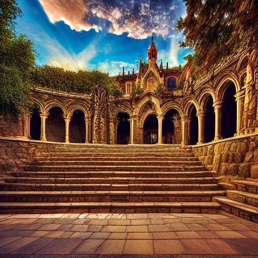 Fantasy Castle Courtyard at Sunrise: Digital Matte Painting